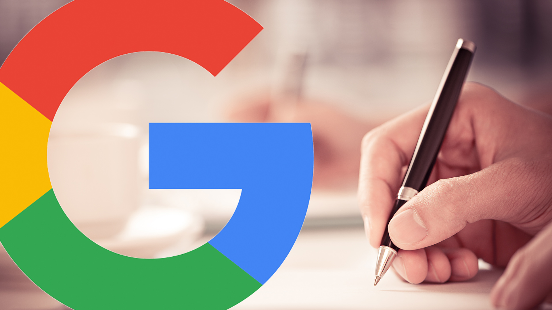 Google logo next to a man holding a pen